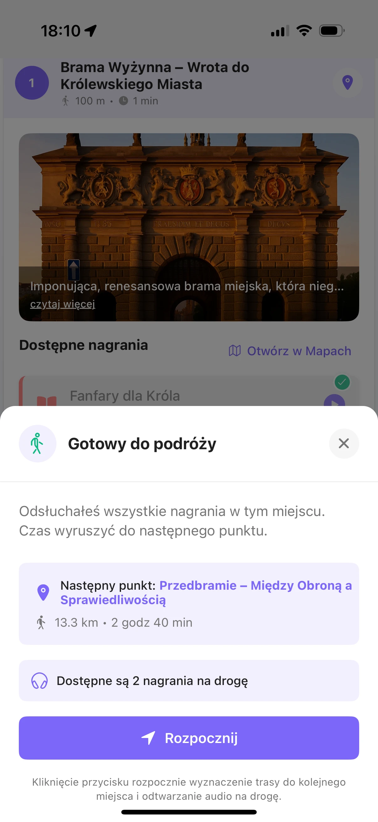 Popup gotowości do przejścia do kolejnego miejsca